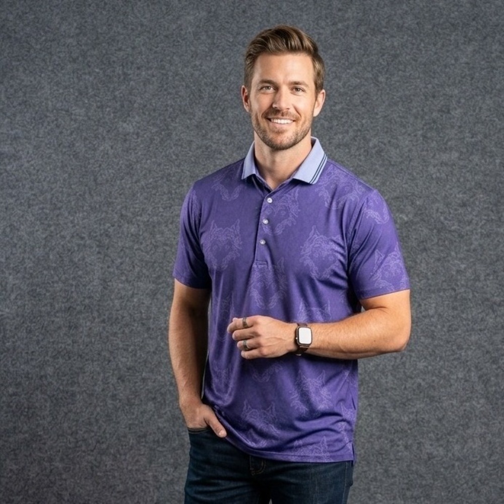 Greyson Polo‎ Shirt XXL Purple Wolf Head Print Performance Stretch Short Sleeve